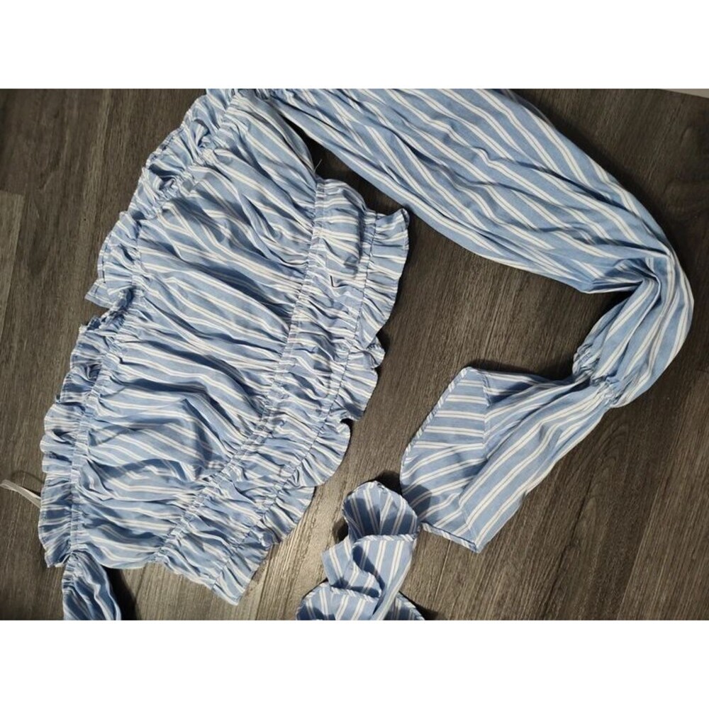 Fashion Nova sky light blue striped crop top long sleeve off shoulder L new